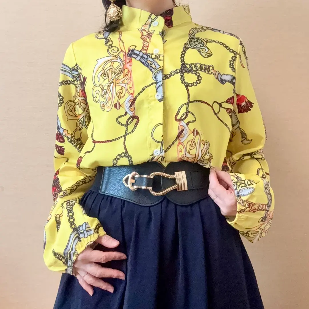 Thumbnail of Flashy Scarf Pattern Chain Pattern Stand Collar Shirt Blouse Retro Unique Yellow