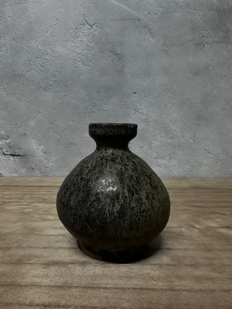 No3898 錦山焼 黒釉イッチン花文扁壷 高さ18cm 花器 民藝 送料