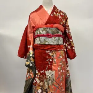 絹100% 正絹 丹後ちりめん 付け下げ用反物オレンジ色 花柄 - メルカリ