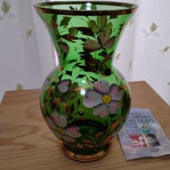 Bohemia ボヘミアングラス フラワーベース　花瓶　ロングタイプ　グリーン ボヘミアングラス 花瓶 グリーン 手描き 花柄 金彩 フラワーベース