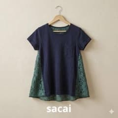 【emaさん専用】sacai サカイ カットソー レース切替 21-05598 sacai（サカイ）異素材切り替えレーストップス／ネイビー × グリーン M