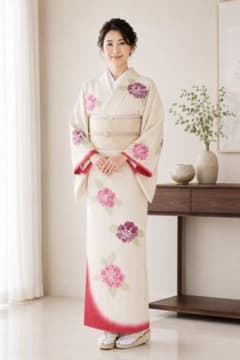 淡色ピンク系着物　4点まとめ売り　花柄ぼかし和装リメイク素材中古　保管品　練習用のサムネイル