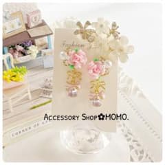 キラキラ♡ビジュー.A級ガラスストーン♡ピンクローズ♡ハンドメイド