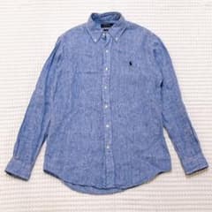 美品 ポロラルフローレン リネン 100% 長袖シャツ 刺繍 BD ブルー M