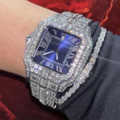 Luxury ice Watch青文字盤ステンレスフルメタル HIPHOP腕時計のサムネイル