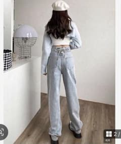 ライトブルー ワイドレッグデニムパンツ ハイウエスト バックリボンのサムネイル