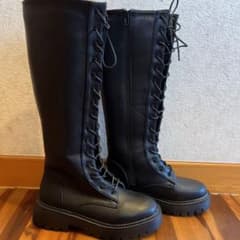 厚底レースアップレザーロングブーツのサムネイル