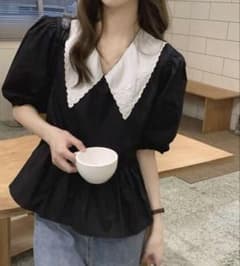 ブラウス レディース 襟付き ビックカラー パフスリーブ ペプラム トップスのサムネイル