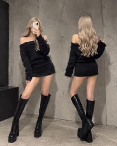 オフショルダー シャギーニット ミニワンピースのサムネイル