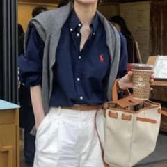 美品ポロラルフローレン大人気カラーネイビーリネンシャツオーバーサイズポニーのサムネイル