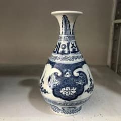 Blue and white lotus pattern jade vase, Jingdezhen porcelain, decorative item, modern craft, fine art, ornament.