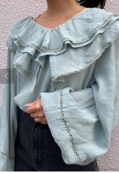 ビッグカラーフリル襟チュニック　レザー紐ベルト付き　ミント　　春服のサムネイル