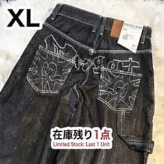 新品】バギーデニムパンツ ワイドパンツ 黒 バック刺繍 ストリート