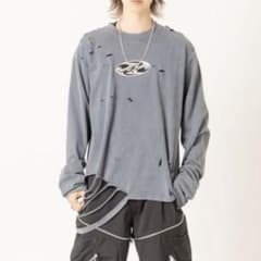 新品】BARCON プレートロゴクラッシュロンT韓国系ダメージY2K グレー 