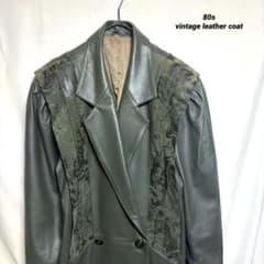 80s」レザーコート 羊革 切替柄デザイン ダブル 裏地有 希少 古着