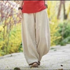 ベージュ 綿麻 とろみ ワイドパンツ ゆるとろ 楽ちん サルエル　リネン Lのサムネイル