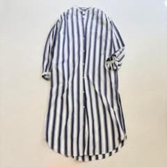 美品 ヌキテパ インド綿 ラメストライプ バンドカラーオーバーブラウス ゆったり ヌキテパ バンドカラー シャツワンピース ストライプ 羽織り インド綿