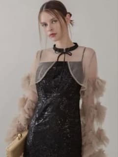 【LEJA】フリルチュールスリーブリボンIラインワンピースドレス結婚式パーティーのサムネイル