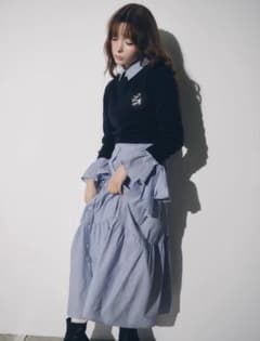 ニットセットブローチ付きロングシャツワンピース 0サイズ ネイビー