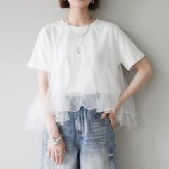 チュール ドッキング Tシャツ 半袖 ホワイト ペプラム フリルのサムネイル