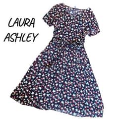 美品 LAURA ASHLEY ローラアシュレイ M 花柄ワンピース 半袖 紺色