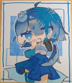 手描きイラスト 色紙 原画 青魔法少女 18×21cmのサムネイル