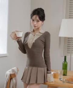 Darich ダーリッチ シャツドッキングプリーツミニワンピース モカ