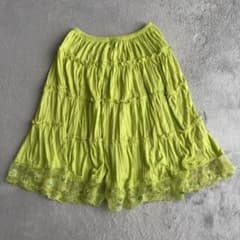 ヴィンテージ ティアードスカート 膝丈 ライムグリーン レース 昭和レトロのサムネイル