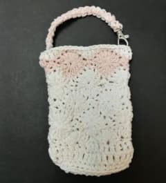 ハンドメイド かぎ針編み ポーチ ホワイト×ピンクのサムネイル