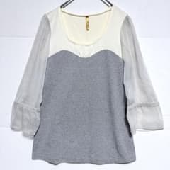 ロイヤルパーティー グレー 切替トップス シフォン袖 七分袖　Mのサムネイル