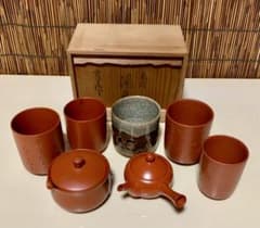 朱泥 夫婦湯呑 木箱入りと相馬焼湯呑、急須 湯呑み 湯冷し茶器セット