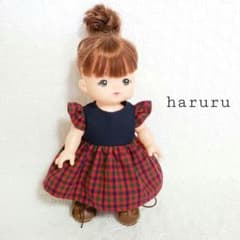 フリル袖ワンピース　チェック柄レッド　メルちゃん　ソランちゃん　レミンちゃん　服のサムネイル