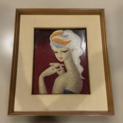Bead art by Seiji Togo, as-is condition, framed painting, female portrait, beautiful woman, Showa retro style.