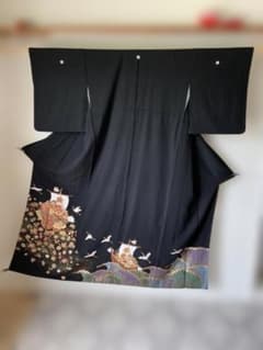 内揚18cm！丈直し可】黒留袖 正絹 宝の舟 金彩友禅 違い鷹の羽 152cm 