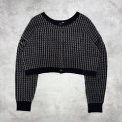 Knit cardigan, navy x white, size M, all-over print, short length, casual style, y2k