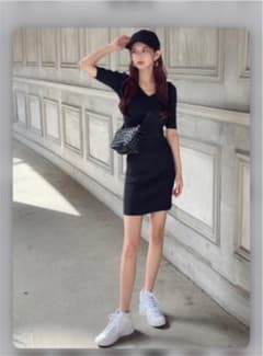 Vネックリブニットミニワンピース[rut672]のサムネイル