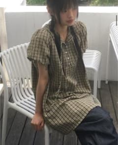 nugu チェックボタンストラップ半袖ワンピースのサムネイル
