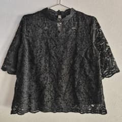 イング 総レースブラウス 黒 M プチハイネック 5分袖 春夏 美品 夏 涼しげのサムネイル