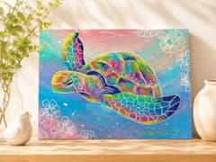 カラフルなウミガメの原画 キャンバスパネル 絵画 現代アート ハワイ