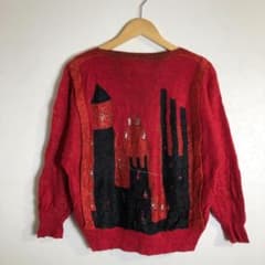 ジャックヴェール 高級 アンゴラ混 ラメニット レッド ビーズ刺繍 レトロ