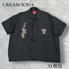 希少 クリームソーダ 刺繍 開襟シャツ 黒 ピンク ロカビリー ピンク