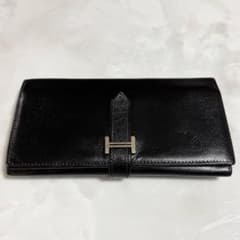 エルメス HERMES ベアン □J刻印 三つ折り 長財布 黒 水色 - メルカリ