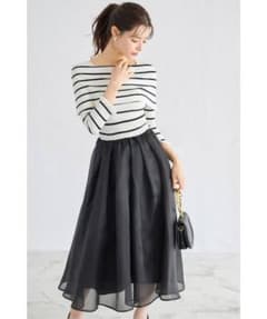 値下げ　tocco closet 白×黒オフショルボーダー長袖ニットワンピースのサムネイル