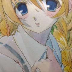 手描き オリジナル アナログ イラスト 女 水彩 萌三つ編み 田舎 学生