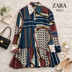 ZARA スカーフ柄 シャツワンピース ネイビー系 S ポリ100% 長袖