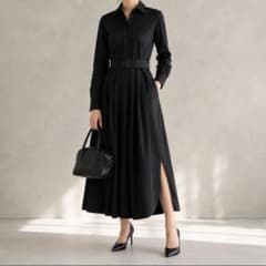 MaxMara マックスマーラ 総柄シャツワンピース ベルト ロング ストレッチ 美品 マックスマーラ シャツワンピース ブラック ベルト付 マキシ丈