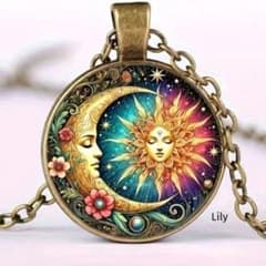 ✨ カラフル 太陽 月 花 天体 ペンダント ネックレス アンティーク ゴールド