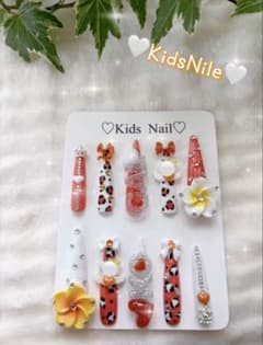キッズネイルチップ ロング オレンジ レオパ コギャル おしゃれしたい日に♡のサムネイル