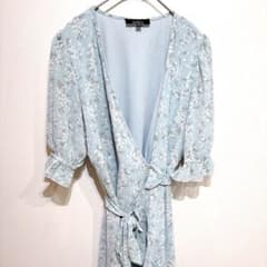 Aakaa 【M】花柄 ラップ風 ワンピース ライトブルー ロングワンピース