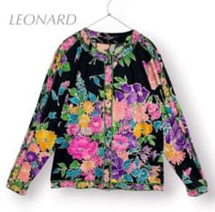 美品 LEONARD レオナール トリムクルーネックカーディガン シルク